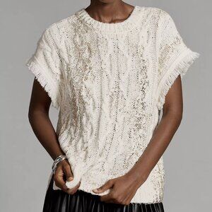 Anthropologie Foiled Shine Fringe Sweater Vest Metallic Cable Knit Size M
